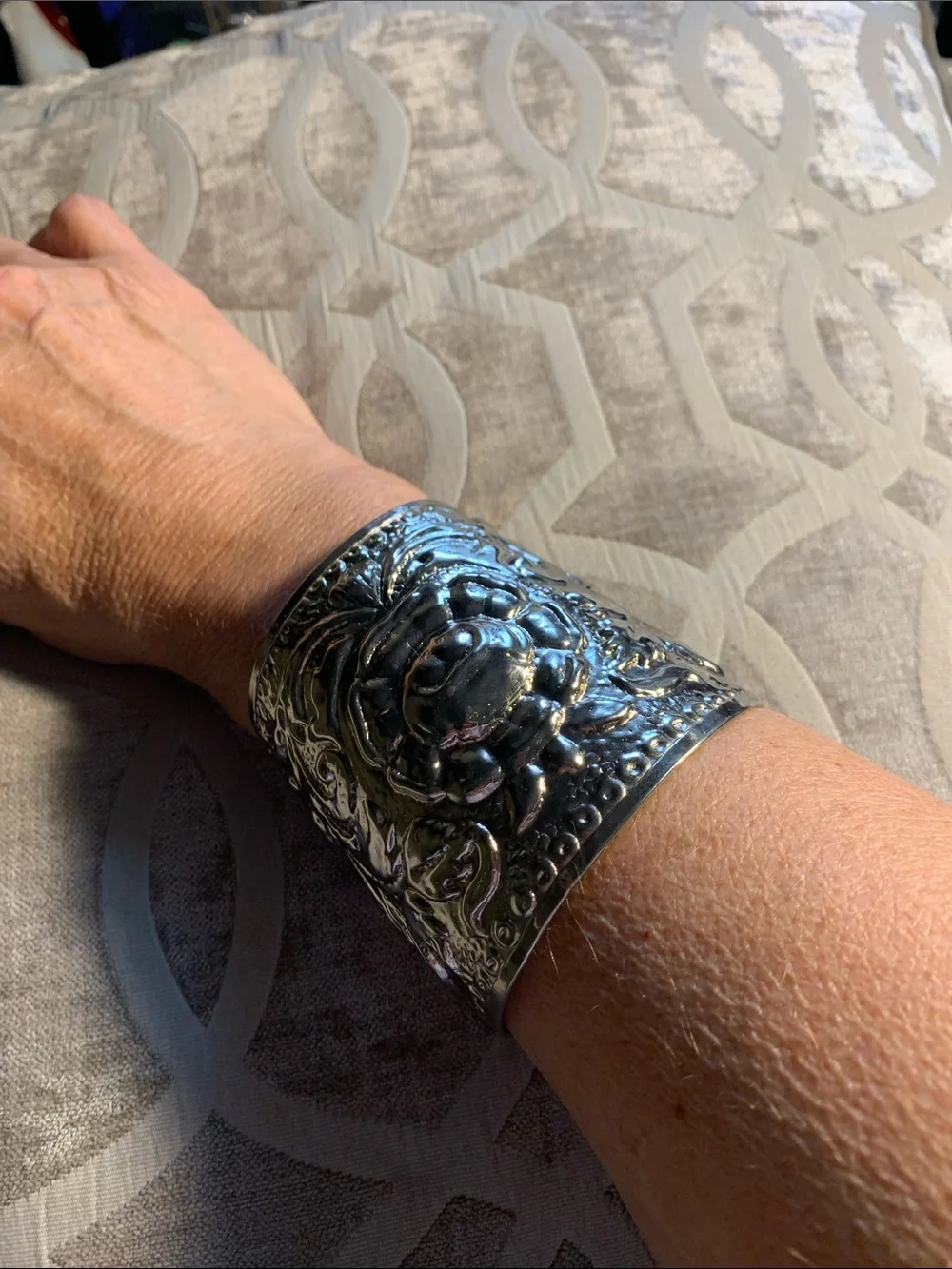 Wide Vintage Floral Cuff Bracelet Silver Tone